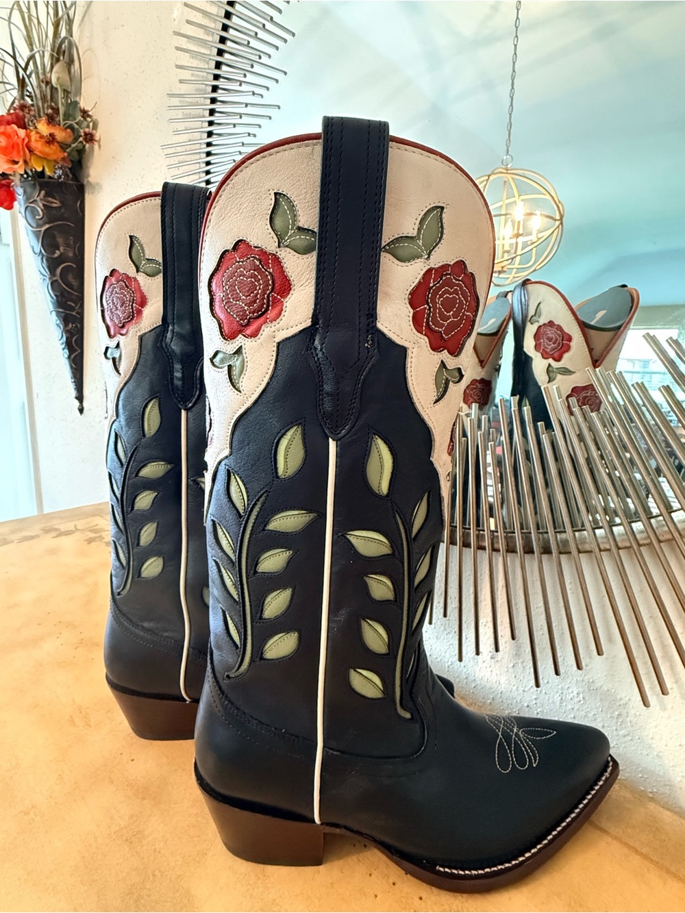 Tecovas Black Leather Women's Cowboy Boots with Red Rose Embroidery scarf. - Picture 4 of 16